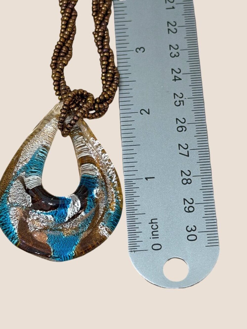 Vintage Murano Glass Teardrop Pendant Necklace With Bronze Beaded Cord - Picture 6 of 9